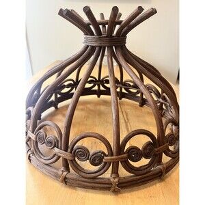 RARE Vintage MCM Bamboo Curled Wicker Pendant Lampshade 1960’s Boho - MINT